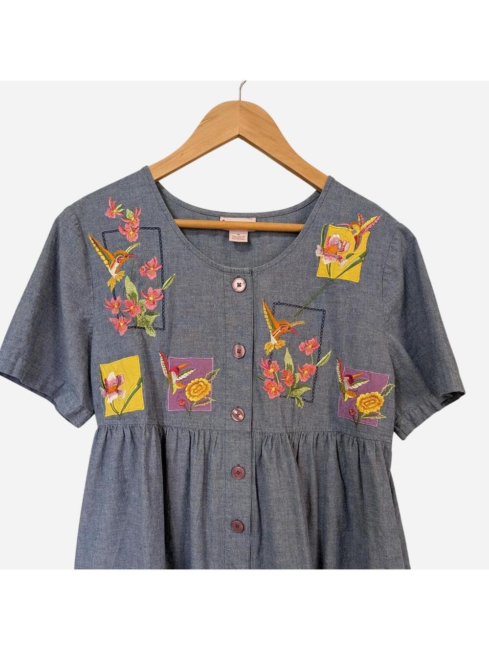 Vintage 90s Chambray Hummingbird Embroidered Button Front Dress Size M